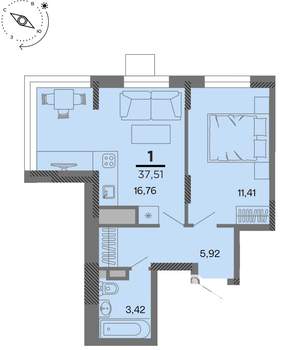 1-к квартира, вторичка, 38м2, 3/22 этаж