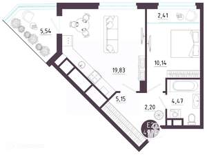 1-к квартира, вторичка, 50м2, 2/19 этаж