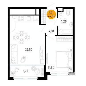 1-к квартира, вторичка, 44м2, 9/25 этаж