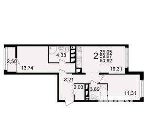 2-к квартира, вторичка, 60м2, 21/25 этаж