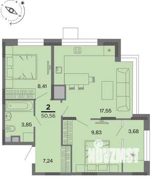 2-к квартира, вторичка, 51м2, 2/22 этаж