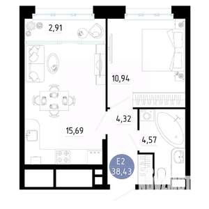 1-к квартира, вторичка, 38м2, 2/25 этаж