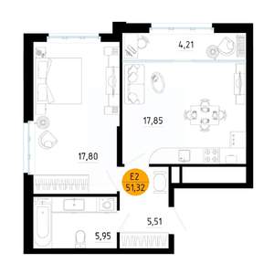 1-к квартира, вторичка, 51м2, 9/25 этаж