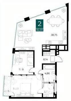 2-к квартира, вторичка, 83м2, 13/14 этаж