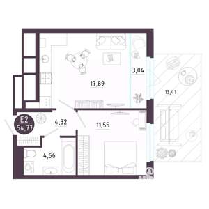 1-к квартира, вторичка, 55м2, 1/18 этаж