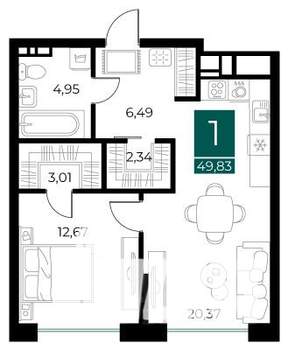 1-к квартира, вторичка, 50м2, 7/13 этаж