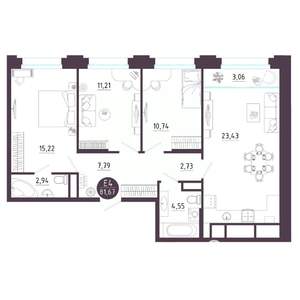 3-к квартира, вторичка, 82м2, 12/18 этаж