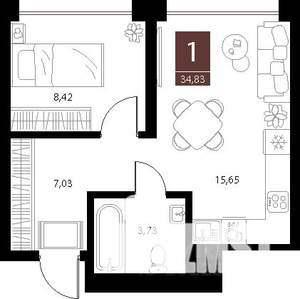 1-к квартира, вторичка, 35м2, 2/15 этаж