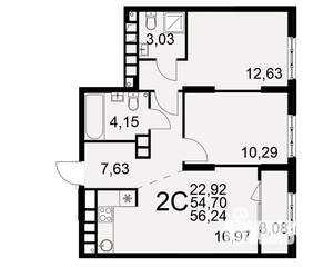 2-к квартира, вторичка, 55м2, 2/22 этаж