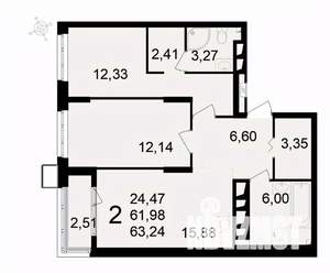 2-к квартира, вторичка, 63м2, 23/24 этаж