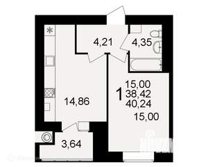 1-к квартира, вторичка, 40м2, 15/16 этаж