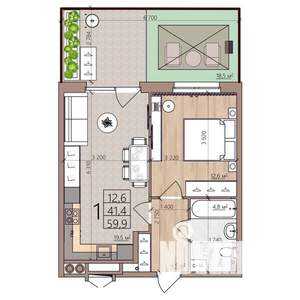 1-к квартира, вторичка, 60м2, 1/9 этаж