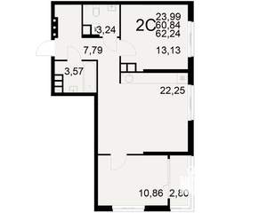 2-к квартира, вторичка, 61м2, 2/21 этаж