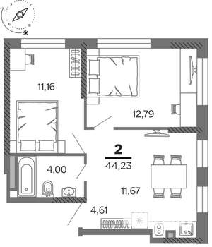 2-к квартира, вторичка, 44м2, 23/25 этаж