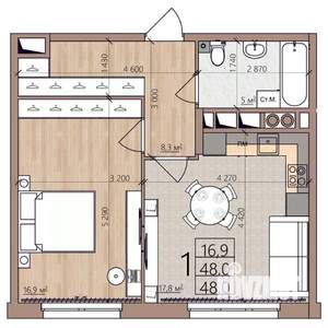 1-к квартира, строящийся дом, 48м2, 2/8 этаж
