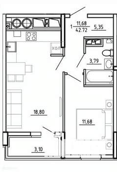 1-к квартира, вторичка, 43м2, 16/26 этаж