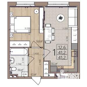 1-к квартира, строящийся дом, 41м2, 3/8 этаж