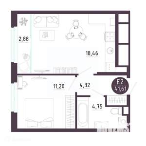 1-к квартира, вторичка, 42м2, 3/19 этаж