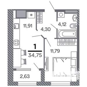 1-к квартира, строящийся дом, 35м2, 11/25 этаж