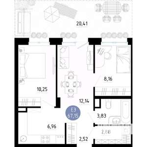 2-к квартира, вторичка, 67м2, 1/14 этаж