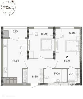 2-к квартира, вторичка, 59м2, 22/24 этаж