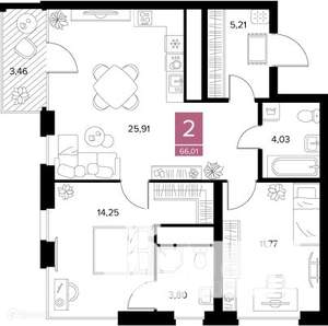 2-к квартира, вторичка, 66м2, 2/10 этаж