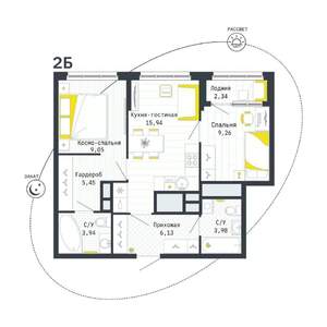 2-к квартира, строящийся дом, 55м2, 25/25 этаж