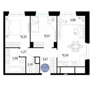2-к квартира, вторичка, 56м2, 9/25 этаж