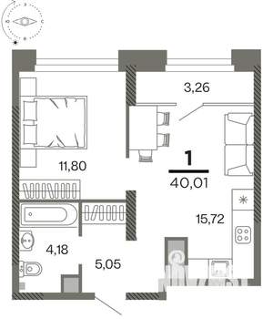 1-к квартира, вторичка, 40м2, 15/26 этаж