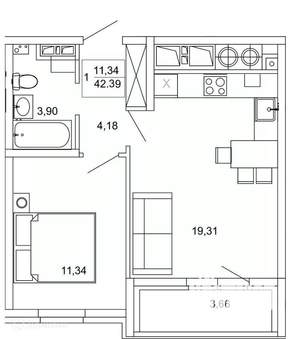 1-к квартира, вторичка, 42м2, 6/26 этаж