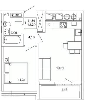 1-к квартира, вторичка, 42м2, 10/26 этаж