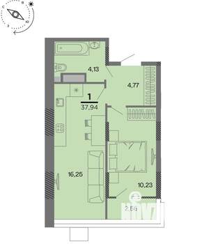 1-к квартира, вторичка, 38м2, 8/22 этаж