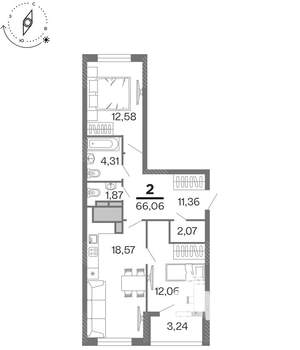 2-к квартира, строящийся дом, 66м2, 14/15 этаж