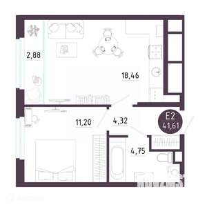 1-к квартира, вторичка, 42м2, 2/19 этаж