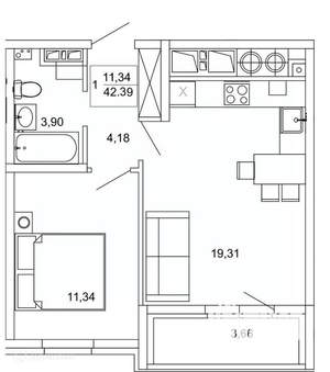 1-к квартира, вторичка, 42м2, 3/26 этаж