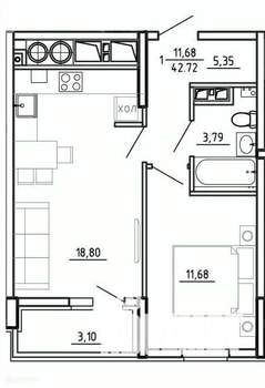 1-к квартира, вторичка, 43м2, 20/26 этаж