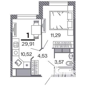1-к квартира, строящийся дом, 30м2, 23/25 этаж