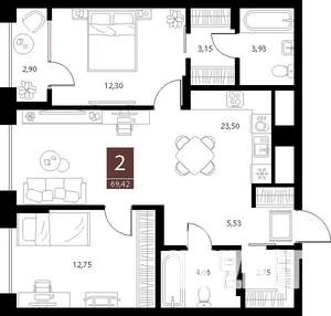 2-к квартира, вторичка, 69м2, 13/15 этаж