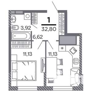 1-к квартира, строящийся дом, 33м2, 18/25 этаж
