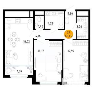 2-к квартира, вторичка, 63м2, 21/25 этаж