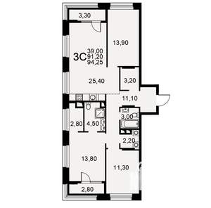 3-к квартира, вторичка, 94м2, 11/26 этаж
