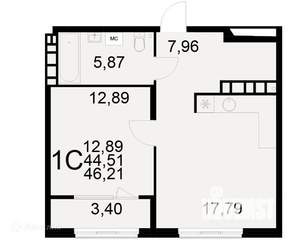 1-к квартира, вторичка, 46м2, 14/22 этаж