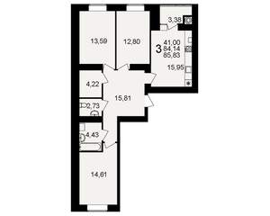 3-к квартира, вторичка, 84м2, 12/15 этаж