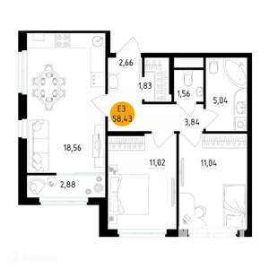2-к квартира, вторичка, 58м2, 6/26 этаж