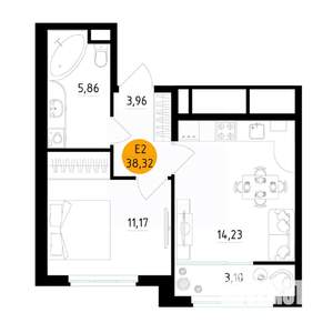 1-к квартира, вторичка, 38м2, 15/25 этаж