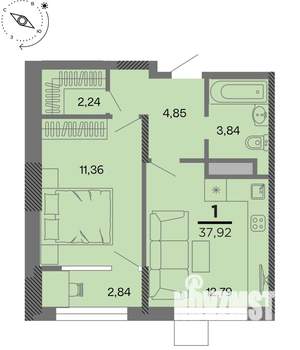 1-к квартира, вторичка, 38м2, 5/22 этаж
