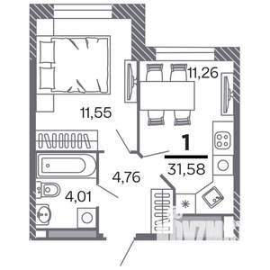 1-к квартира, строящийся дом, 32м2, 19/25 этаж