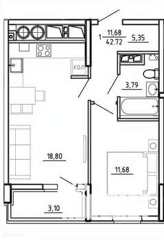 1-к квартира, вторичка, 43м2, 21/26 этаж