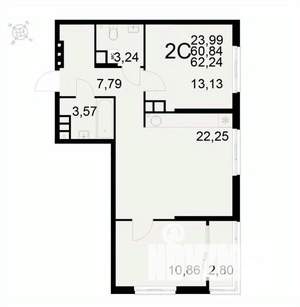 2-к квартира, вторичка, 62м2, 2/22 этаж