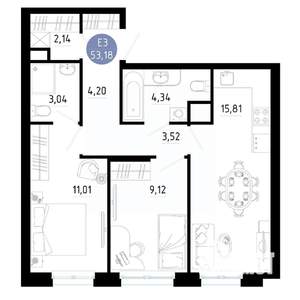 2-к квартира, вторичка, 53м2, 3/14 этаж